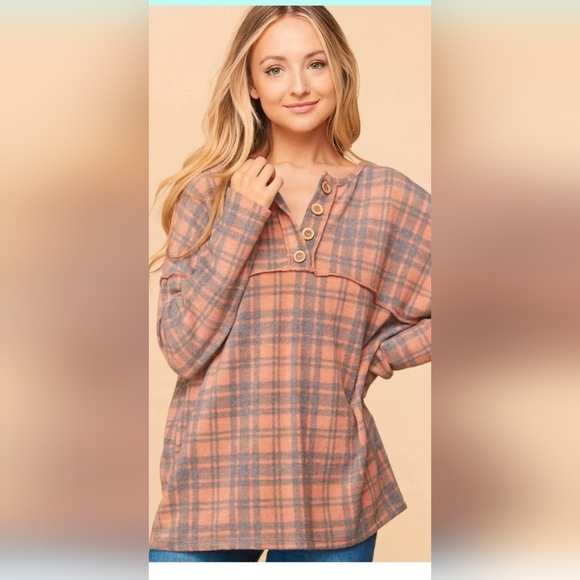 Haptics Tops - Plus Rust Cashmere Feel Plaid Button Down Knit Top